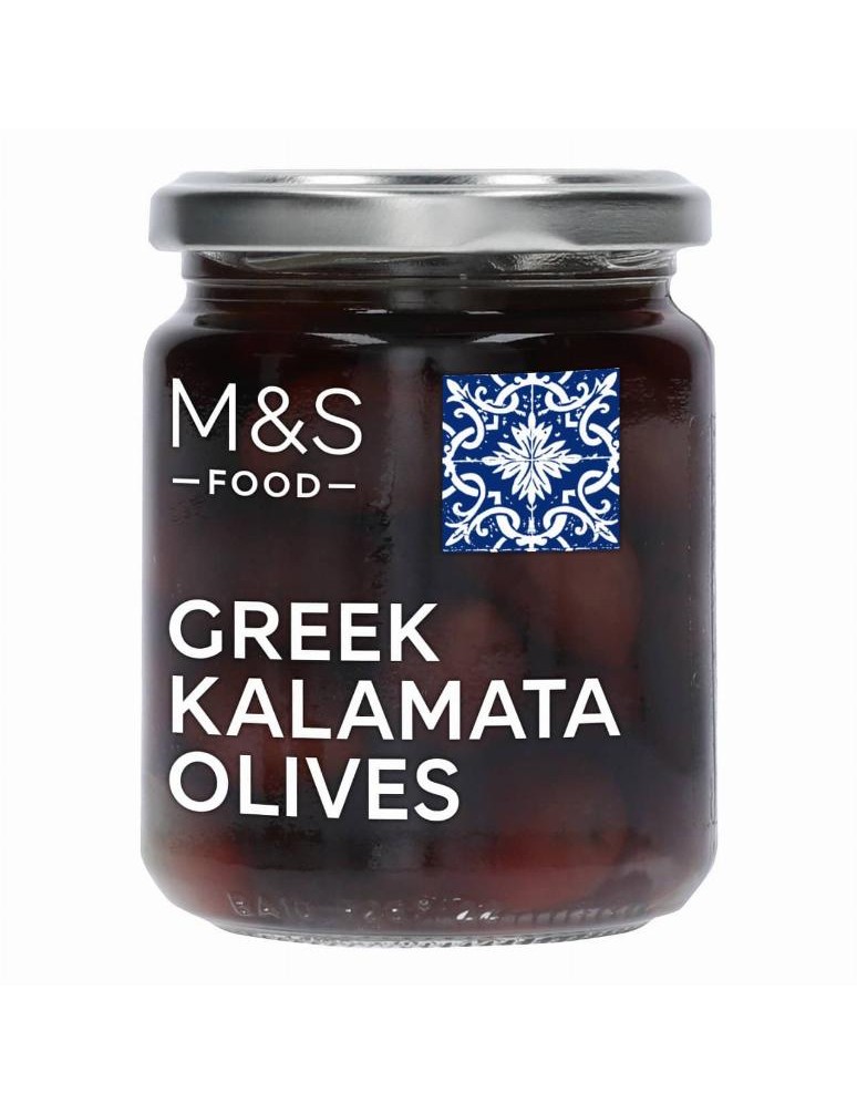 Celé olivy odrůdy Kalamata nakládané ve slaném nálevu s červeným vinným octem a extra panenským olivovým olejem (2 %)