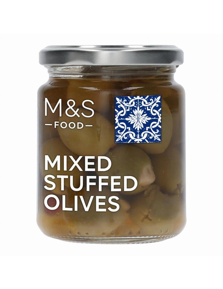 Řecké zelené olivy plněné stroužky česneku a červenou paprikou s extra panenským olivovým olejem (2 %)