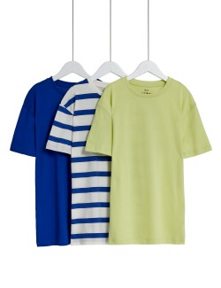 3pk Pure Cotton Plain & Striped T-Shirts (6-16 Yrs)