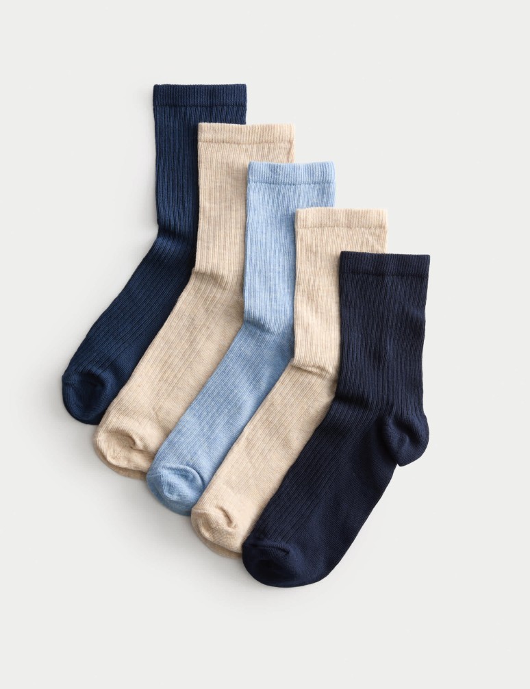 5pk Cotton Rich Ribbed Ankle High Socks