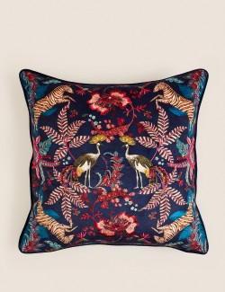Velvet Exotic Bird Embellished Cushion