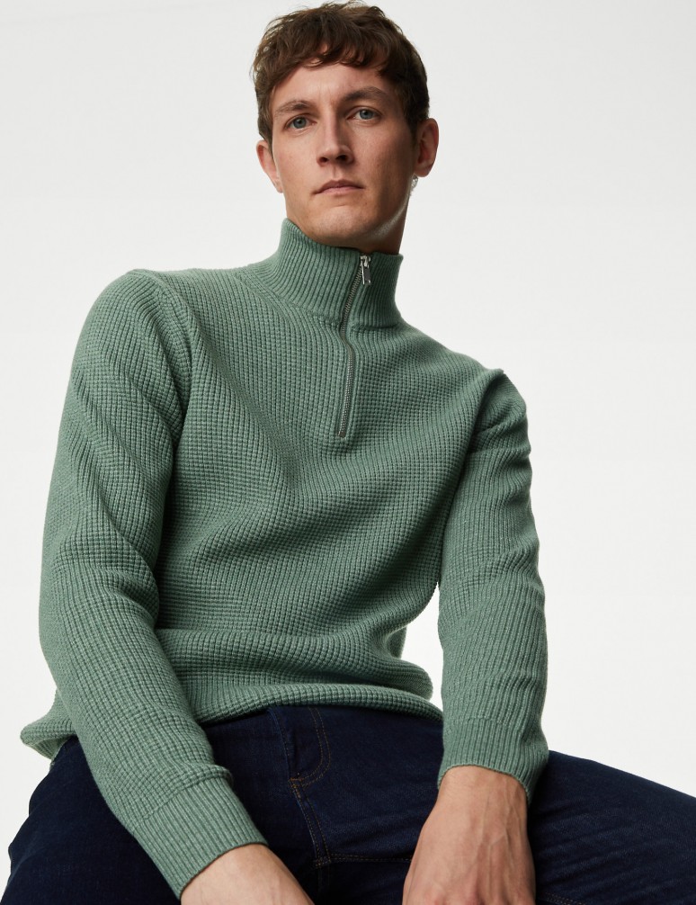 Texturovaný svetr se stojáčkem a krátkým zipem, ze směsi bavlny
