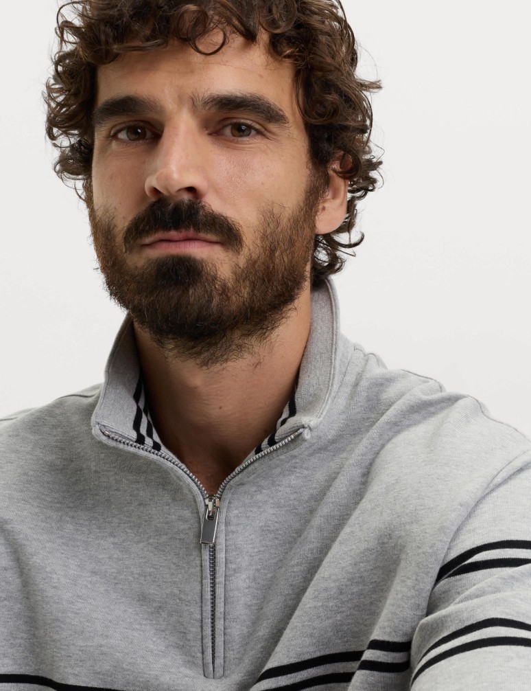 Pruhovaná mikina na zip u krku, z čisté bavlny