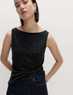 Zdobená vesta s lodičkovým výstřihem a vysokým podílem bavlny