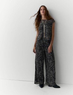 Embroidered Metallic Wide Leg Trousers