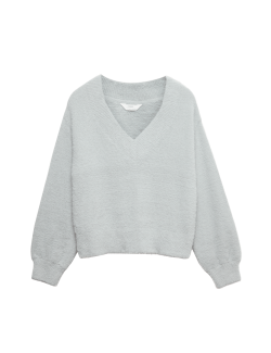 Pohodlný pletený péřový pyžamový top s výstřihem do V