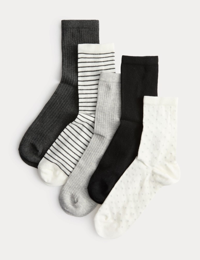 5pk Cotton Rich Patterned Ankle High Socks