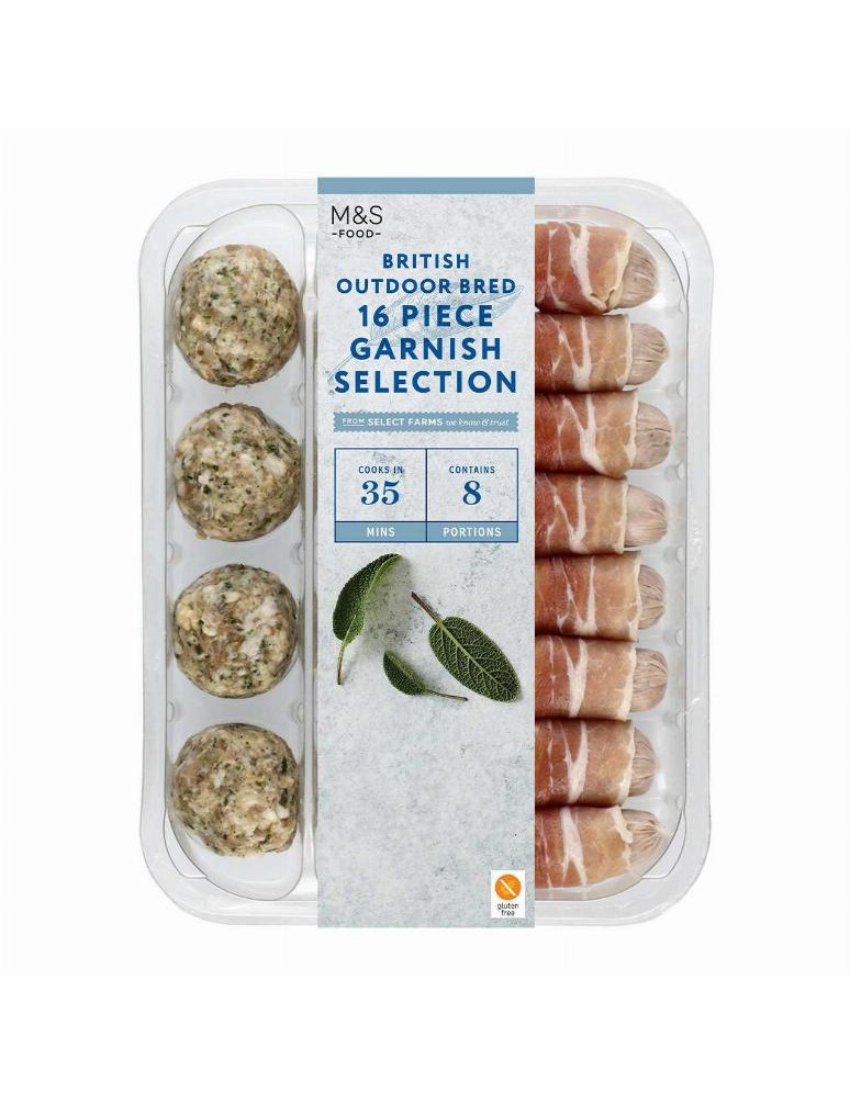 8 kuliček nádivky z vepř. masa se šalvějí a cibulí a 8 vepř. koktejlových párků zabalených v uzené prorostlé britské slanině