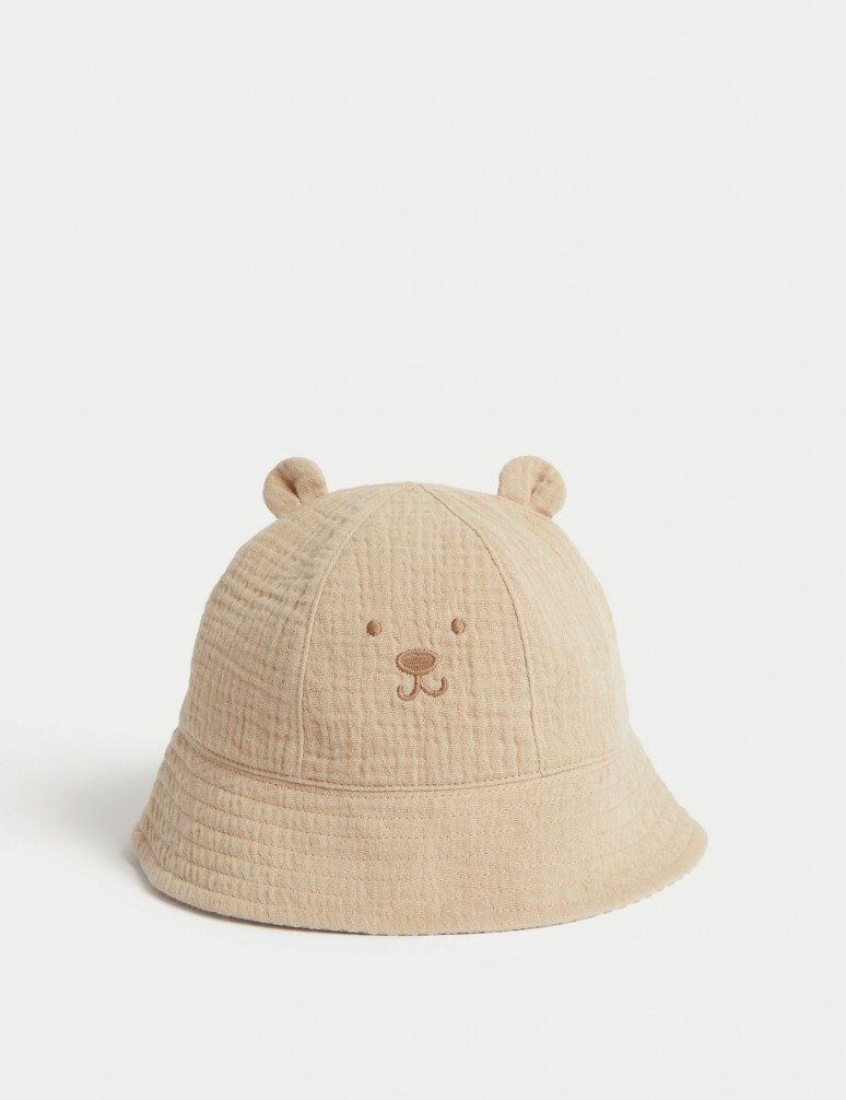 Dětský klobouk proti slunci s motivem medvěda, z čisté bavlny