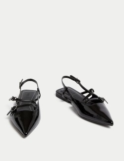 Leather Patent Buckle Flat Slingback Shoes