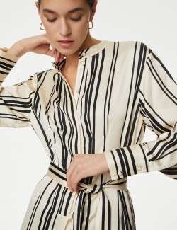 Satin Striped Collarless Midaxi Shirt Dress