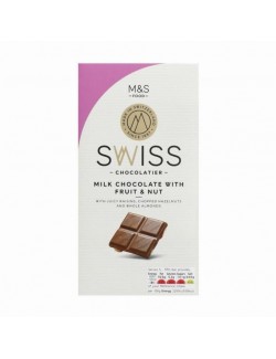 Švýcarská mléčná čokoláda s rozinkami, kousky lískových ořechů a celými mandlemi