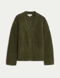 Kardigan z buklé, s knoflíky na přední straně a výstřihem do V, s obsahem vlny