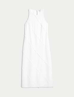 Splývavé midi šaty s neobšitým okrajem a vysokým podílem lnu