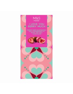 Mrazem sušené jahody v mléčné čokoládě a mrazem sušené maliny v bílé čokoládě