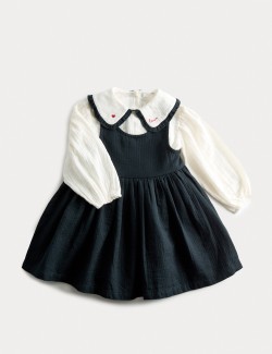 2pc Pure Cotton Collared Pinafore Dress Outfit (2-10 Yrs)