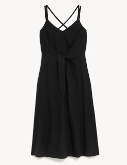 Linen Rich V-Neck Midi Waisted Dress