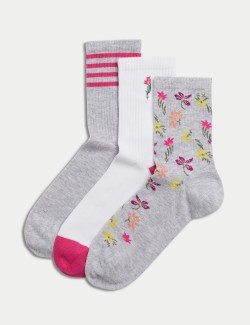 3pk Cotton Blend Floral Ankle High Socks