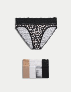 5pk Cotton Rich Printed High Leg Knickers