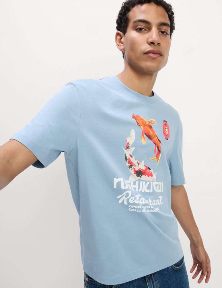 Tričko z čisté bavlny s motivem japonské ryby