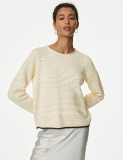 Cotton Rich Textured Crew Neck Tipped Jumper