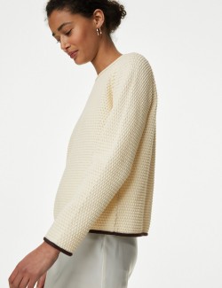 Cotton Rich Textured Crew Neck Tipped Jumper