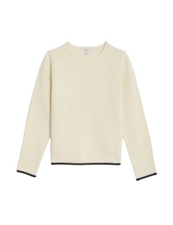 Cotton Rich Textured Crew Neck Tipped Jumper