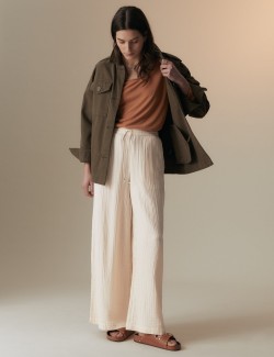 Kalhoty z čisté bavlny s texturou a širokými nohavicemi