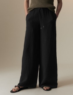 Pure Cotton Textured Wide Leg Trousers