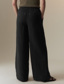 Kalhoty z čisté bavlny s texturou a širokými nohavicemi