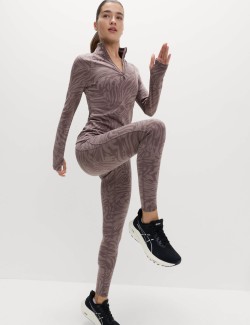 Thermal Jacquard Animal Print Half Zip Fitted Top