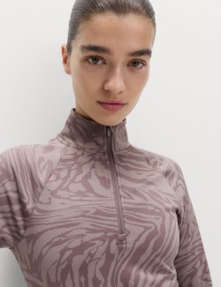 Thermal Jacquard Animal Print Half Zip Fitted Top