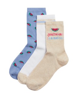 3pk Cotton Blend Watermelon Ankle High Socks