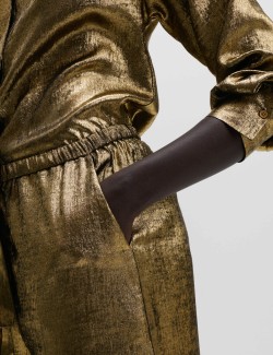 Saténové metalické kalhoty se stahovací šňůrkou a širokými nohavicemi