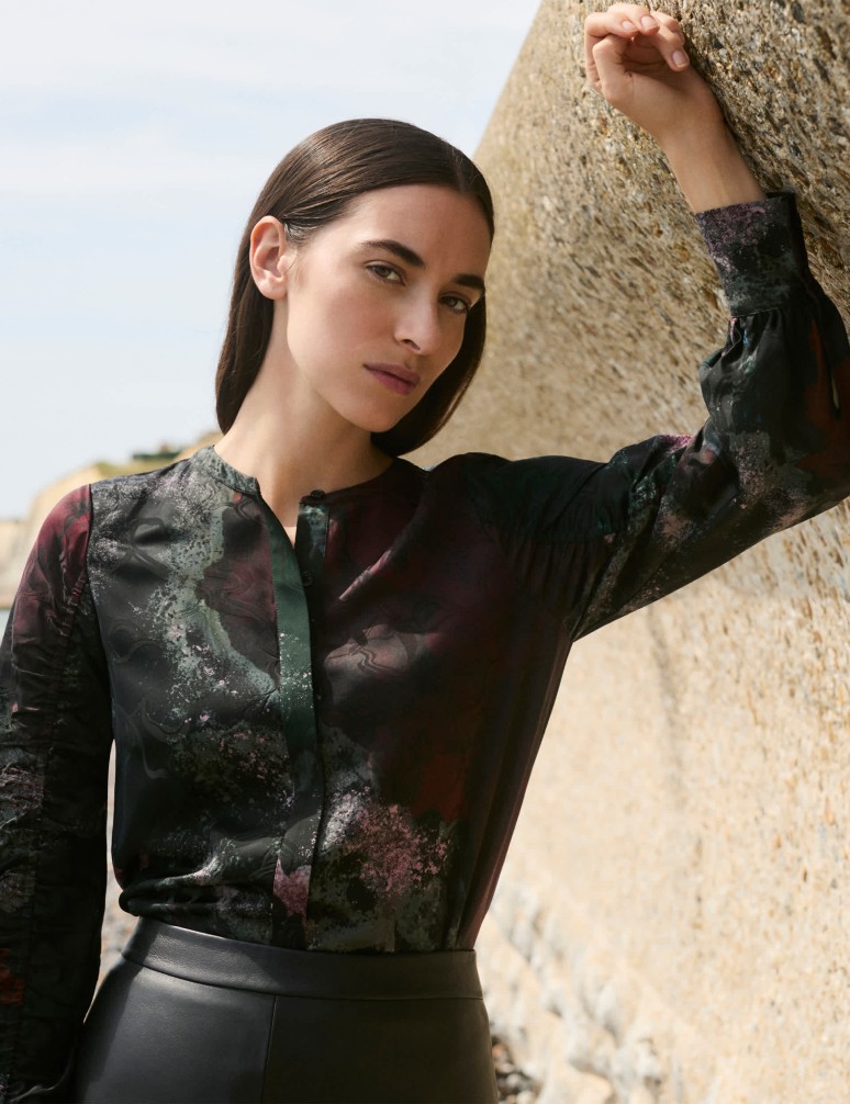 Printed Ruched Sleeve Blouse