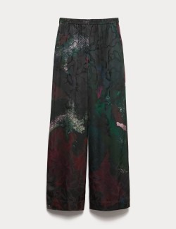 Žakárové kalhoty s potiskem a širokými nohavicemi