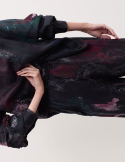 Žakárové kalhoty s potiskem a širokými nohavicemi