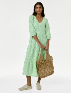 Pure Cotton Gingham Midi Tiered Dress