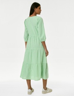 Pure Cotton Gingham Midi Tiered Dress