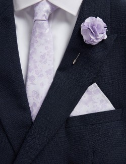 Sada úzké kravaty, spony a klopového kapesníku s květinovým vzorem