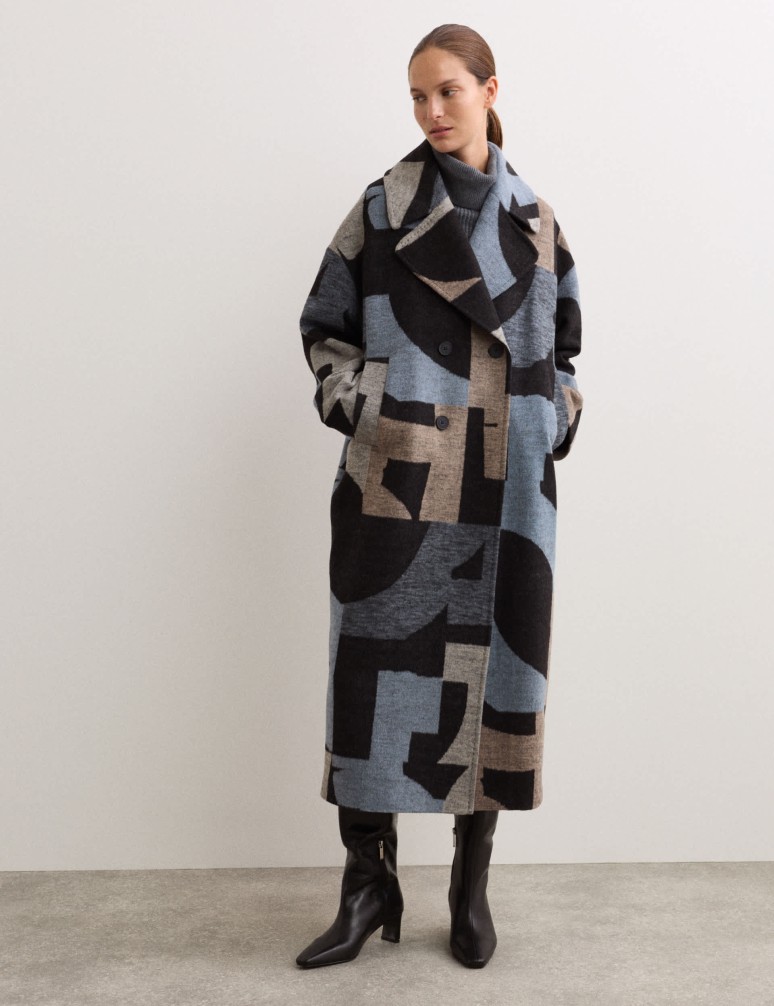 Wool Blend Cocoon Jacquard Coat
