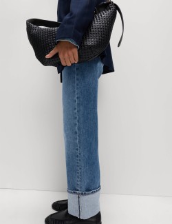 Mid Rise Wide Leg Turn Up Jeans