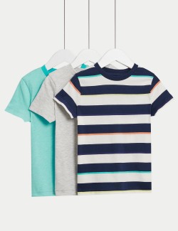 3pk Cotton Rich Striped & Plain T-Shirts (2–8 Yrs)