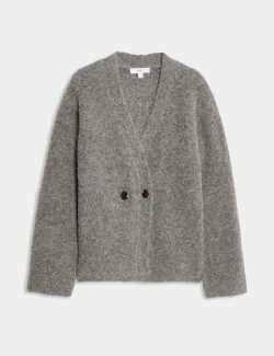 Kardigan z buklé, s knoflíky na přední straně a výstřihem do V, s obsahem vlny