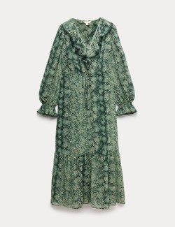 Snake Print V-Neck Frill Detail Midi Dress