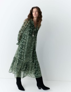 Snake Print V-Neck Frill Detail Midi Dress