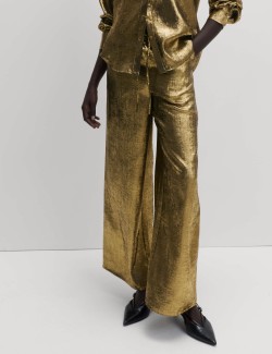 Satin Metallic Drawstring Wide Leg Trousers