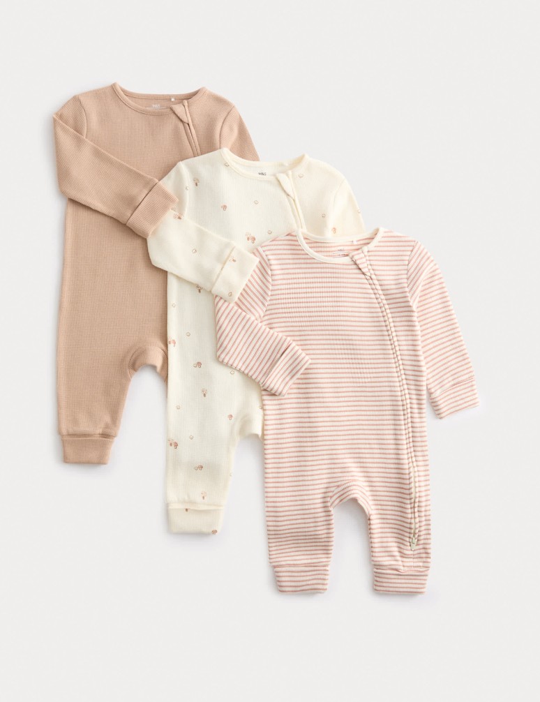 3pk Pure Cotton Acorn Print Zip Sleepsuits (0-3 Yrs)