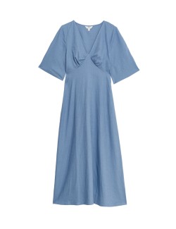 Linen Blend V-Neck Midaxi Tea Dress