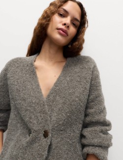 Bouclé V-Neck Button Front Cardigan with Wool